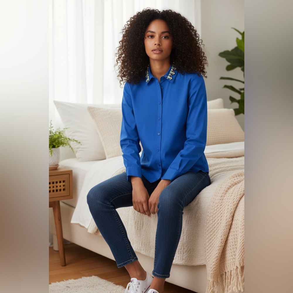 NYDJ Blue Fit Solution Long Sleeve Shirt with Embellished Collar Blue Sz M NWT
